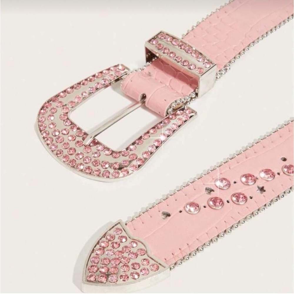 Pink Rhinestone Western Belt Croc Embossed Y2K Cowgirl Glam Silver Buckle 36" - Picture 3 of 6